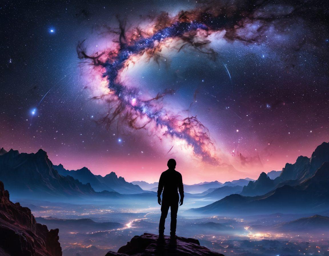 A breathtaking view of the Milky Way galaxy, bursting with vibrant stars and swirling nebulae, intertwined with a silhouette of a person gazing in awe. Include cosmic artifacts like distant planets, satellites, and ethereal light beams shooting across the sky. An overlay of shimmering equations and star charts to represent discovery and knowledge. Painting. vibrant colors. cosmic theme.