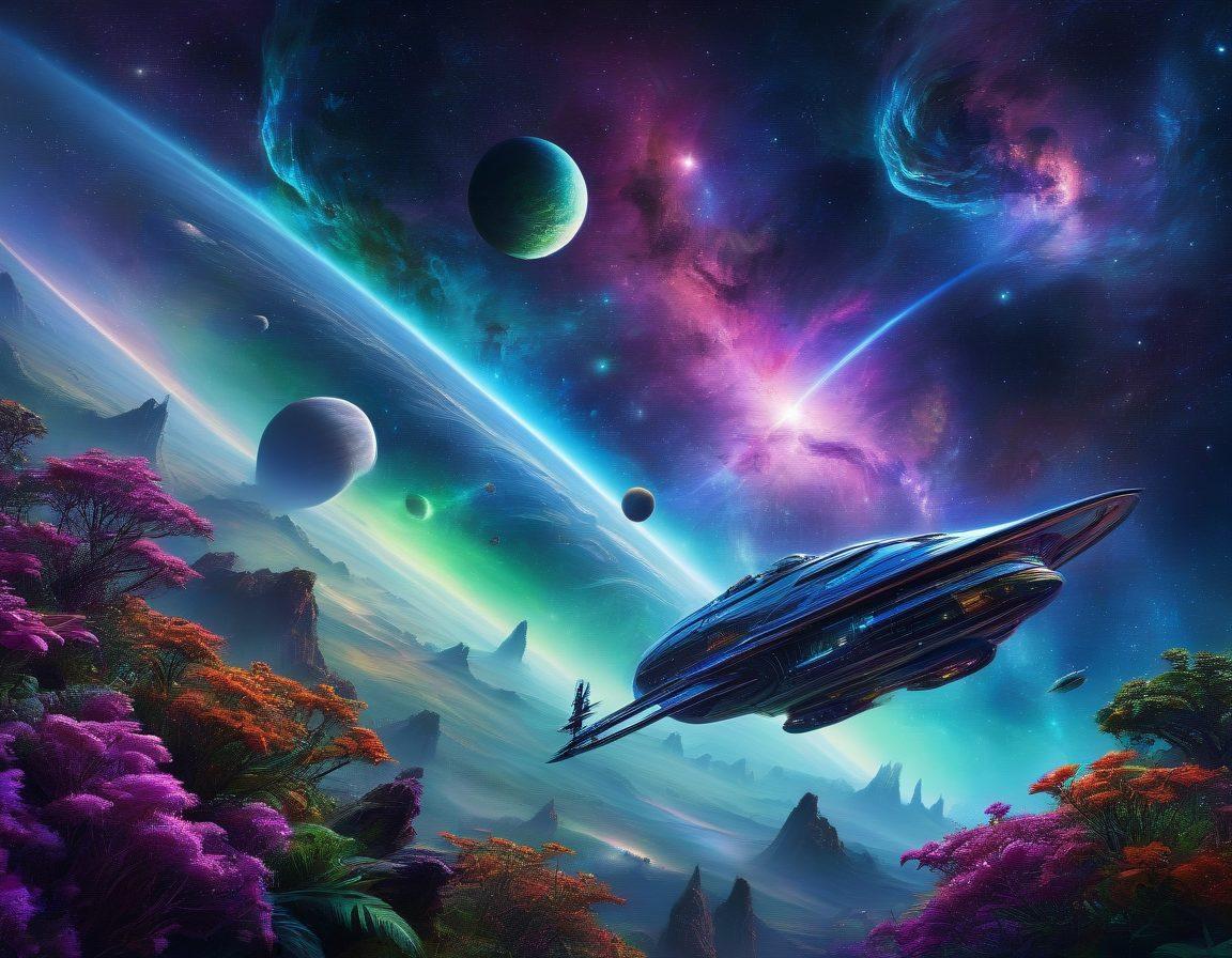 A mesmerizing view of a deep space landscape, showcasing a vibrant nebula filled with swirling colors of blue, purple, and green, with distant stars twinkling in complex patterns. In the foreground, a futuristic spacecraft hovers near an alien planet, featuring exotic flora and fauna, hinting at the presence of life. The overall ambiance conveys both wonder and exploration, inviting viewers to ponder the mysteries of the universe. digital painting. vibrant colors. cosmic theme.