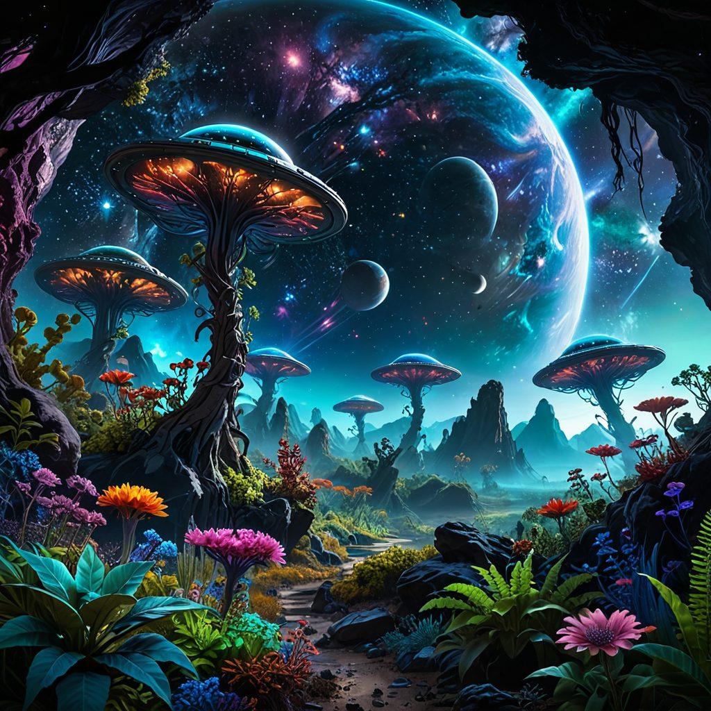 A breathtaking scene of an alien landscape featuring diverse life forms, illuminated by distant stars and colorful nebulae. Include a futuristic research station with scientists exploring samples of exotic plants and microorganisms, showcasing the blend of technology and nature. The foreground should have a lush biome with unique flora, while the background reveals deep space with swirling galaxies. Emphasize vibrant colors and a sense of wonder in the cosmic setting. ultra-realistic. vibrant colors. deep space atmosphere.